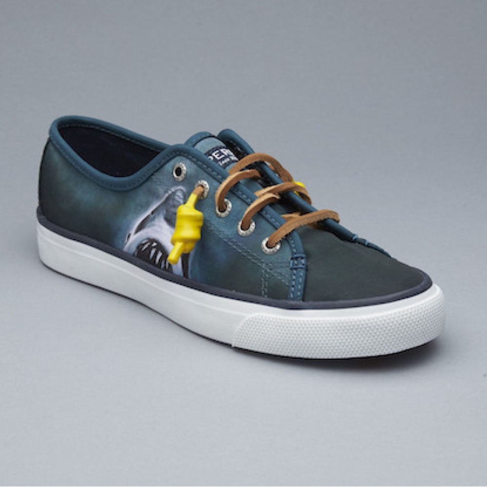 Sperry Dark Teal Shark Print Canvas Lace-Up Sneaker with Brown Laces